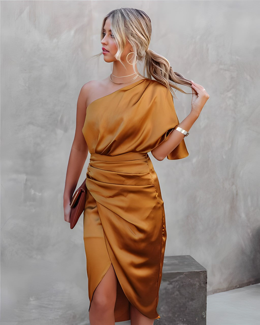 Selena | Wedding Guest Satin One Shoulder Midi Dress