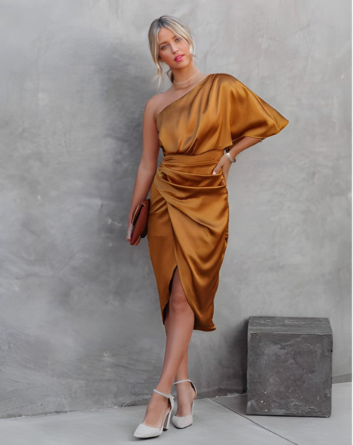 Selena | Wedding Guest Satin One Shoulder Midi Dress
