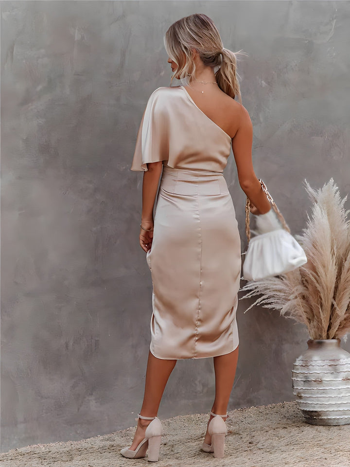 Selena | Wedding Guest Satin One Shoulder Midi Dress