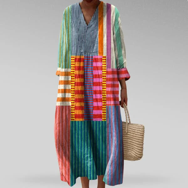Arabella | Patchwork Stripe V Neck Maxi Dress