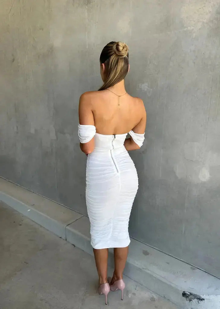 Calista | Wedding Guest Off Shoulder Midi Dress