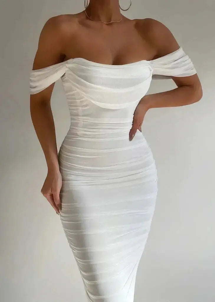 Calista | Wedding Guest Off Shoulder Midi Dress