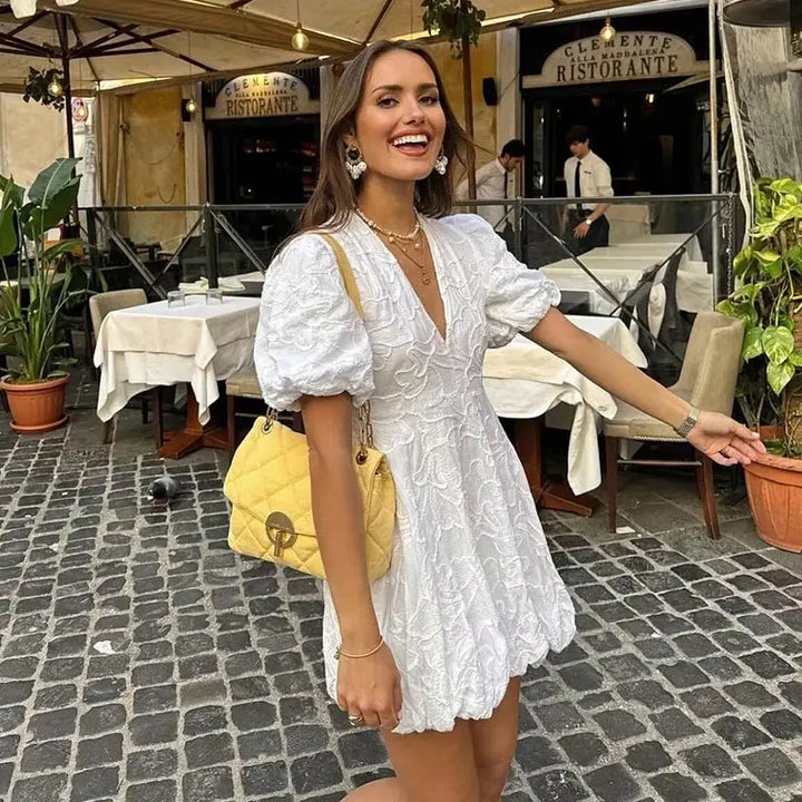 Celeste | Embroidered Puff Sleeve Evening Mini Dress