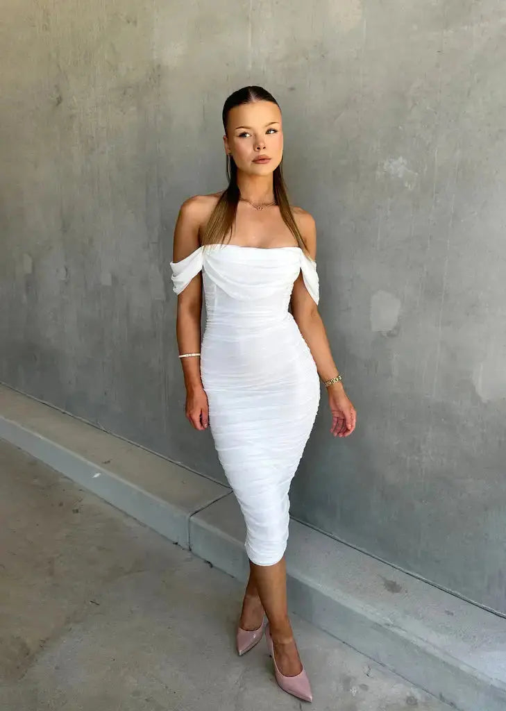 Calista | Wedding Guest Off Shoulder Midi Dress