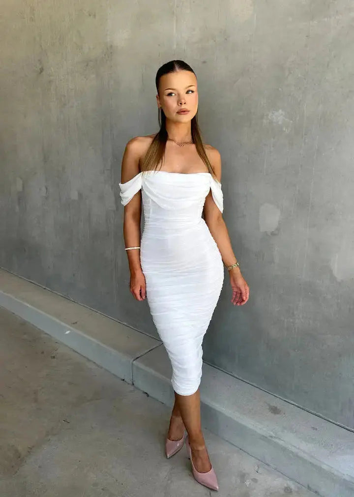 Calista | Wedding Guest Off Shoulder Midi Dress
