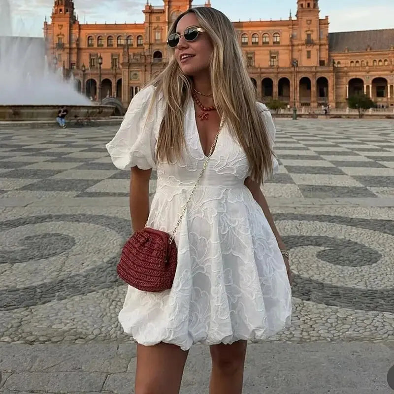 Celeste | Embroidered Puff Sleeve Evening Mini Dress