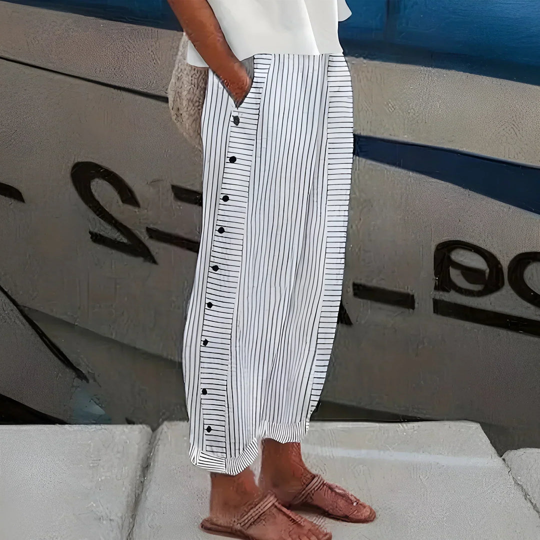 Eliana | Striped Button Detail Cropped Trousers