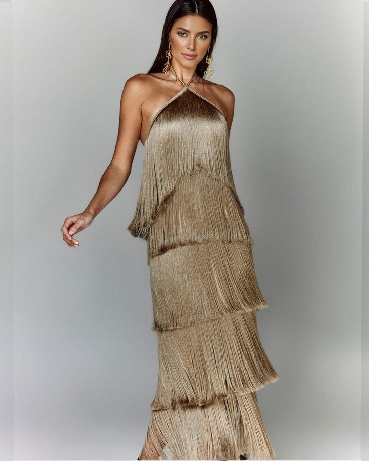 Diana | Wedding Guest Fringe Halter Maxi Dress