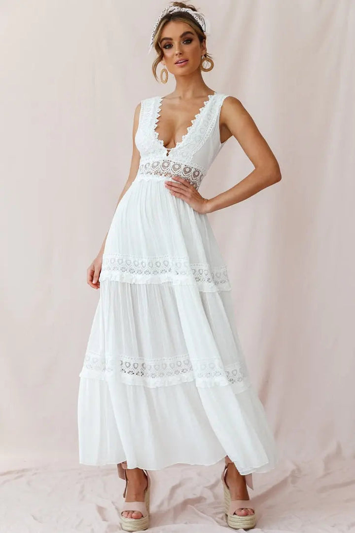 Amelia | Boho V-Neck Crochet Maxi Dress