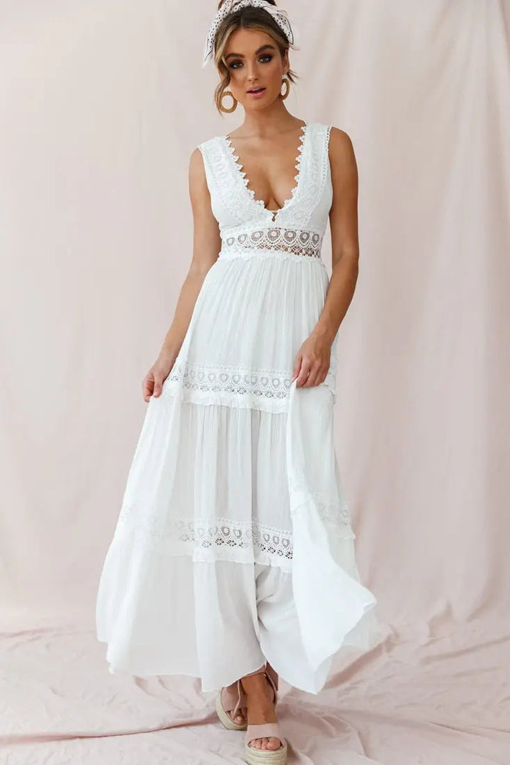 Amelia | Boho V-Neck Crochet Maxi Dress