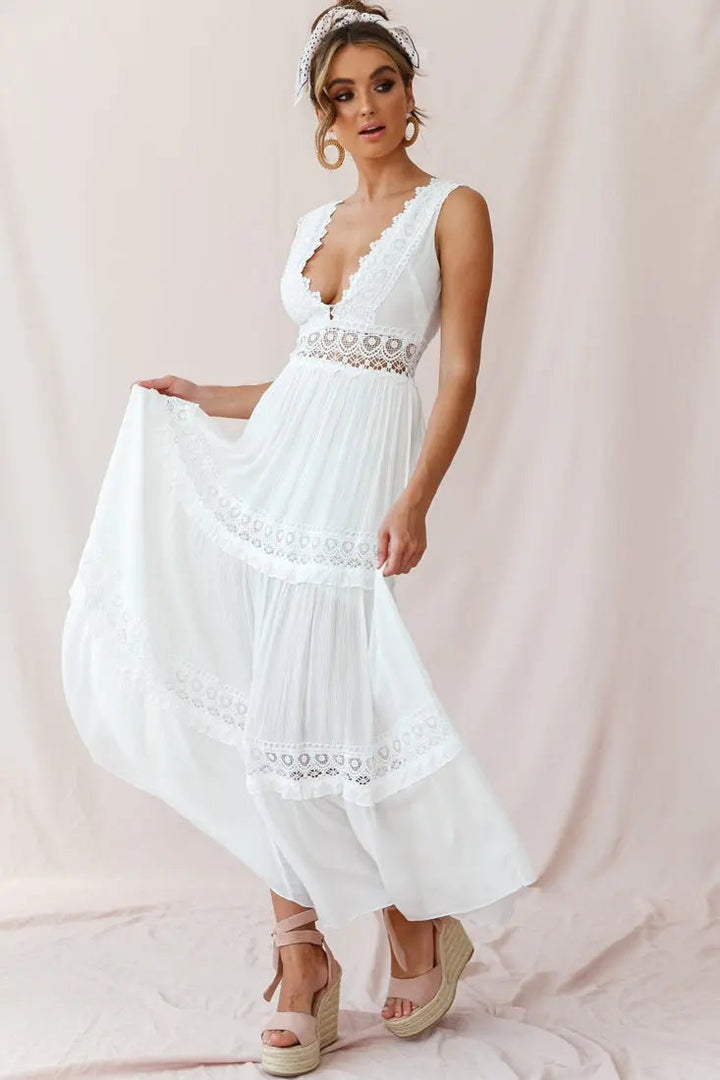 Amelia | Boho V-Neck Crochet Maxi Dress