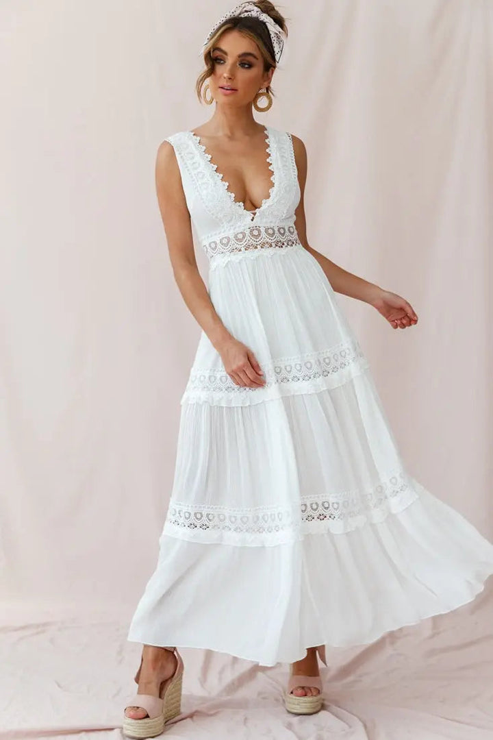 Amelia | Boho V-Neck Crochet Maxi Dress