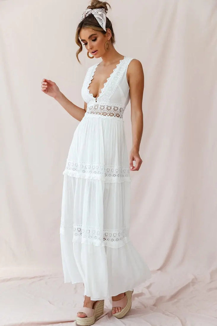 Amelia | Boho V-Neck Crochet Maxi Dress
