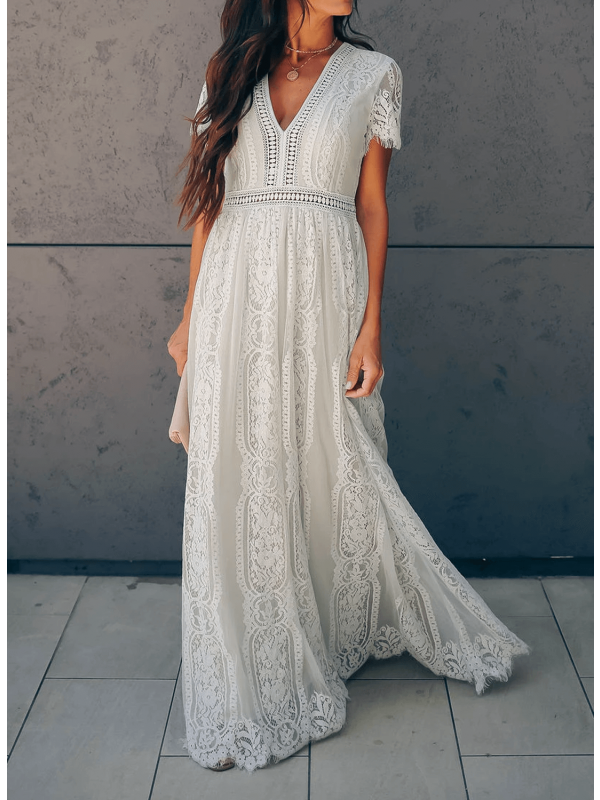 Stella | Wedding Guest Lace V Neck Maxi Dress