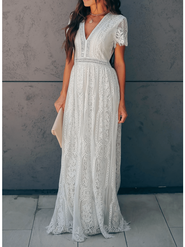 Stella | Wedding Guest Lace V Neck Maxi Dress