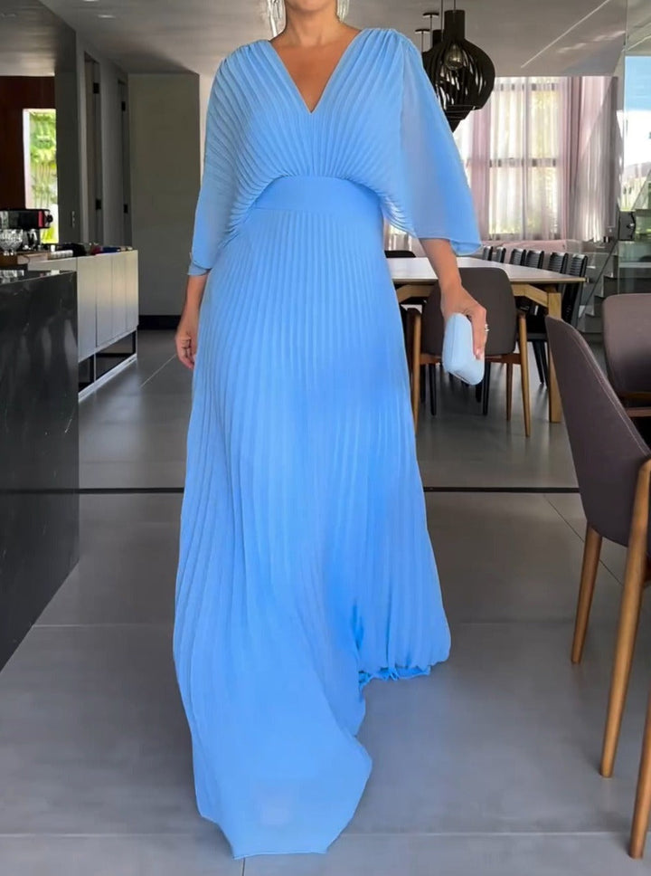 Rosalie | Wedding Guest Pleated V Neck Maxi Dress