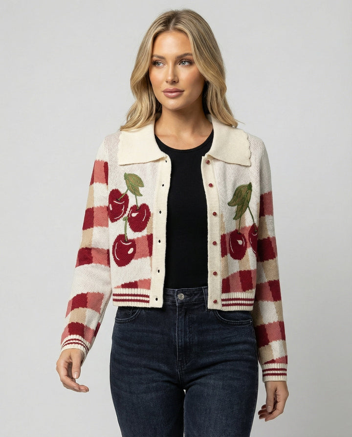 Celeste | Cherry Print Check Knit Cardigan
